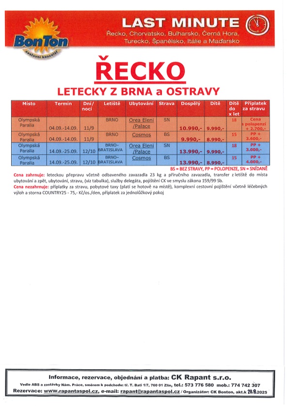 ŘECKO - SOUHRN - LETECKY Z BRNA - k.28.8.-ck Bonton